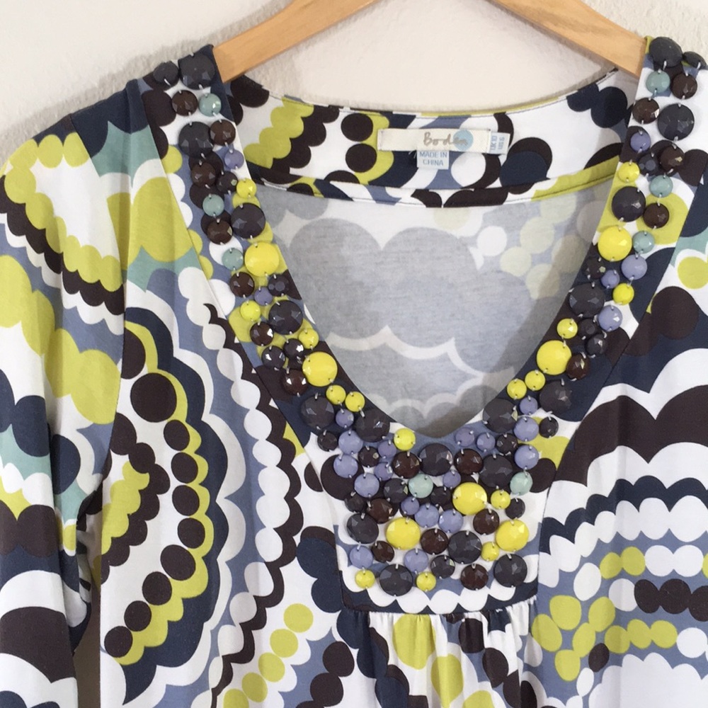 Boden Scoop Neck Beaded Dress in White, Lime, Navy, Brown